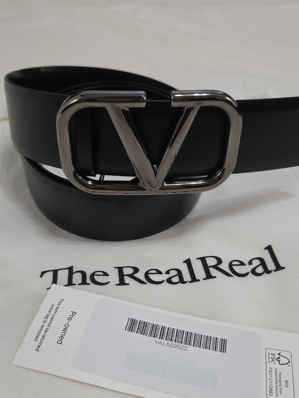 Valentino Garavani Black Leather Belt Dark Silver V Buckle